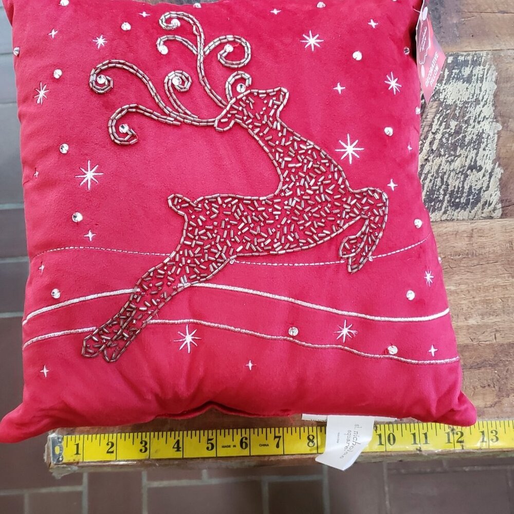 NEW St. Nicholas Square Beaded Reindeer Christmas Decor Red Pillow 12" X 12" - Picture 4 of 5